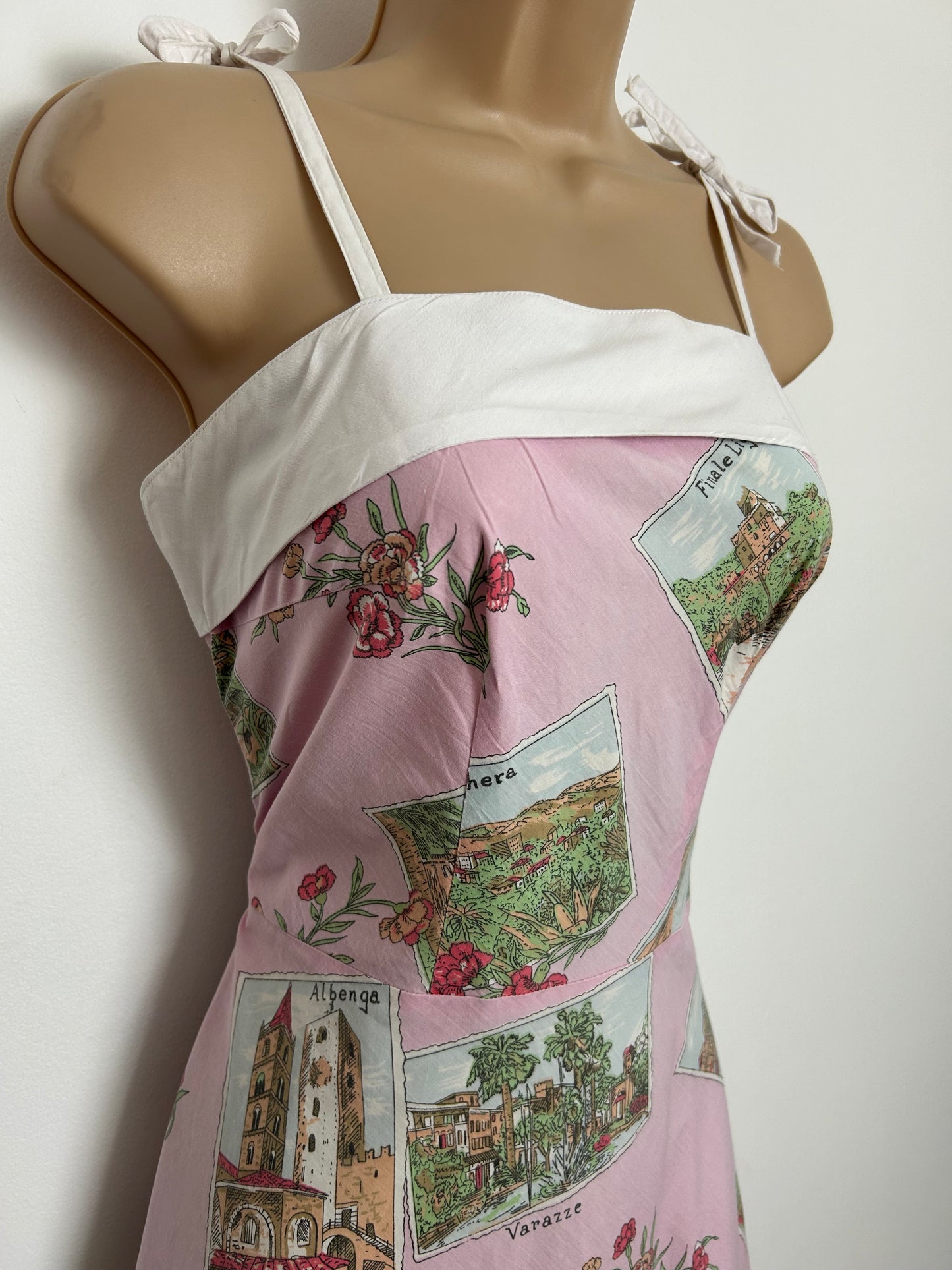 Vintage 1980s Size 8-10 Pink Italian Cities Postcard Print 50s Style Cotton Sun Dress
