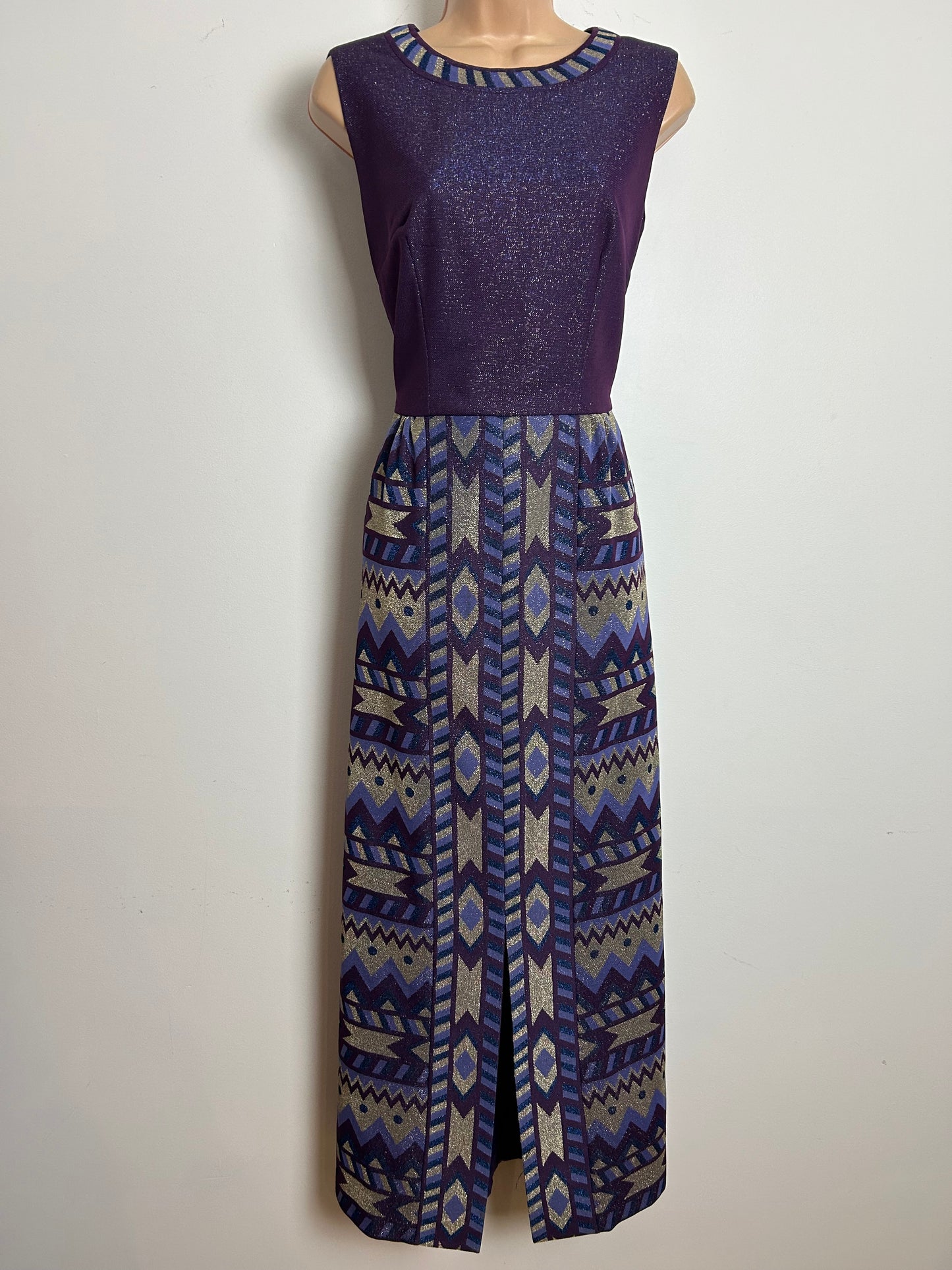 Vintage 1970s Size 12 Purple Blue & Silver Abstract Print Lurex Occasion Evening Maxi Dress
