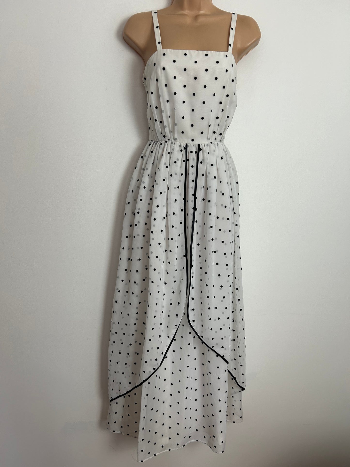 Vintage Early 1980s UK Size 6 White & Black Polka Dot Strappy Belted Gather pleated Layered Summer Occasion Maxi Dress