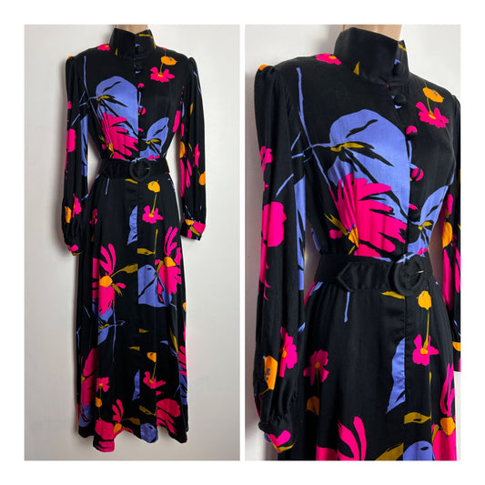 Vintage Late 1960s ALICE OF CALIFORNIA UK Size 8 Black Pink Blue & Orange Bold Floral Print Belted Maxi Dress