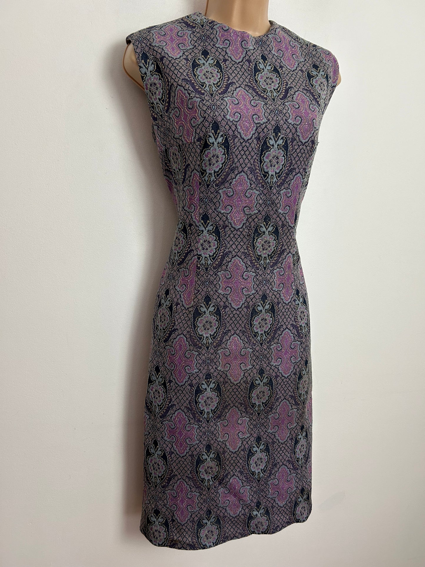 Vintage 1960s UK Size 12 Dark Blue Dark Pink & Gold Lurex Abstract Print Party Occasion Mod Shift Dress