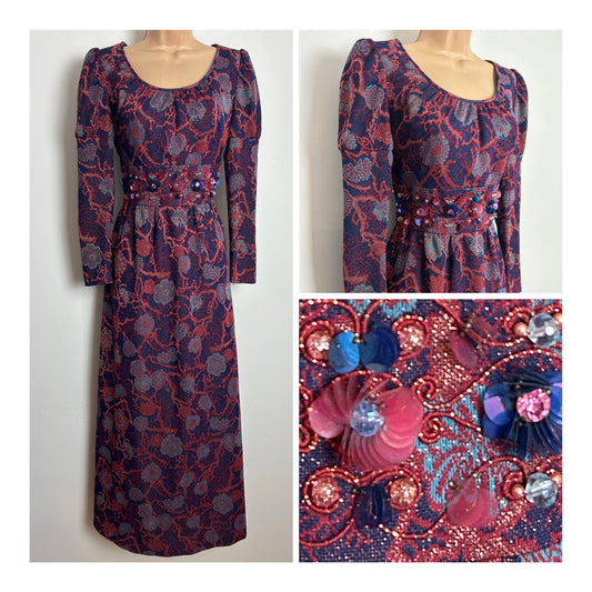Vintage 1970s Size 8 Navy Blue Dark Red & Turquoise Floral Lurex Sequin Detail Long Sleeve Evening Maxi Dress