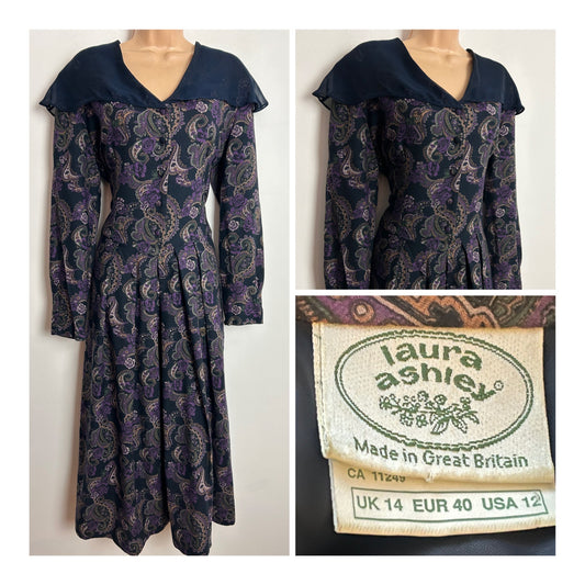 Vintage 1980s LAURA ASHLEY UK Size 14 Navy Blue Purple Paisley Floral Sailor Collar Dress