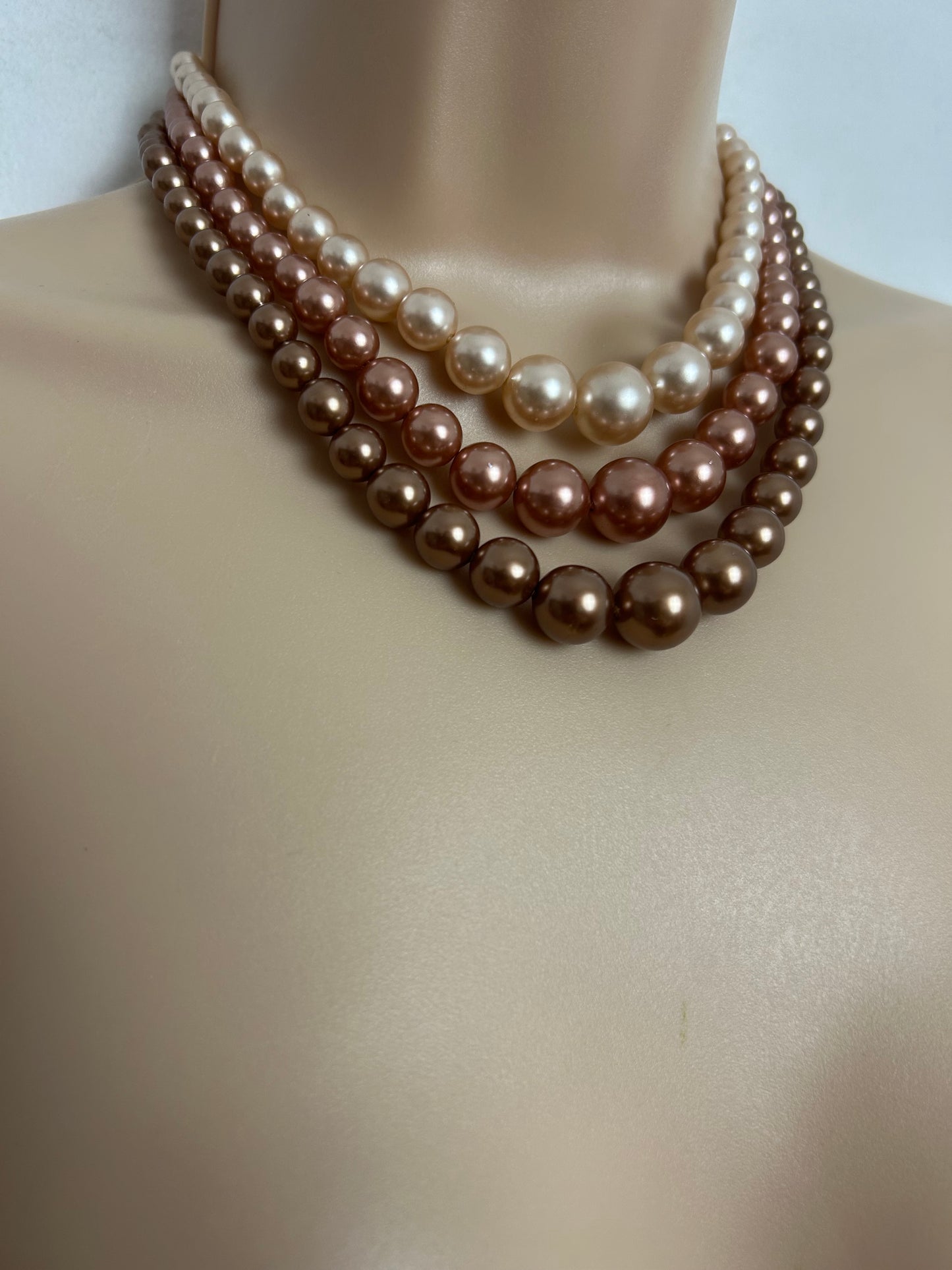 Vintage Bronze & Rose Gold Plastic Faux Pearl Graduated Bead Triple Strand Necklace