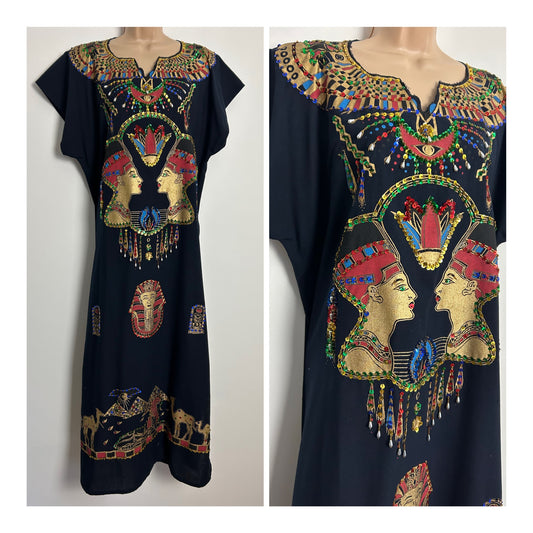 Vintage One Size Egyptian Themed Tourist Piece Beaded Sequin Sequin Bead Detail Maxi Length Kaftan