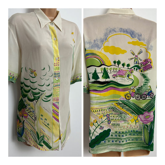 Vintage 1990s Designer MARIO PUCCI CECCONI Size 14 Silk Mix Cream Dutch Country Scene Silk Mix Short Sleeve Shirt