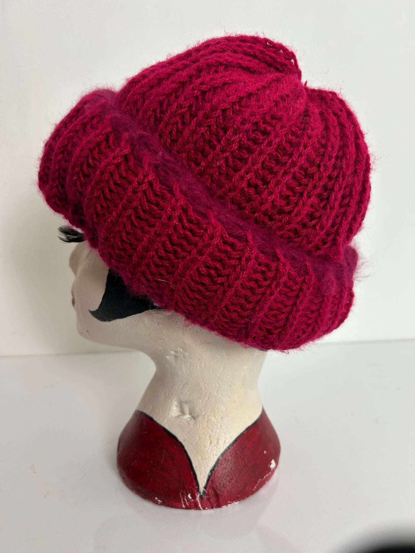 Vintage Raspberry Chunky Rib Knit Turn Up Angora & Wool Mix Beanie Style Hat