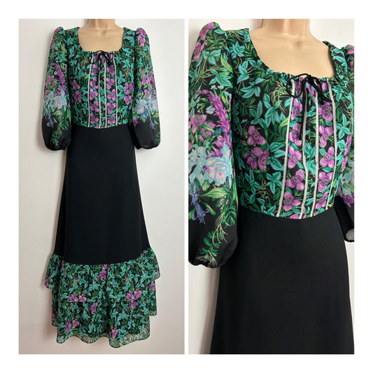 Vintage 1970s CH MODELL UK Size 12 Black Green & Pink Floral Print Long Sleeve Tiered Hem Boho Maxi Dress
