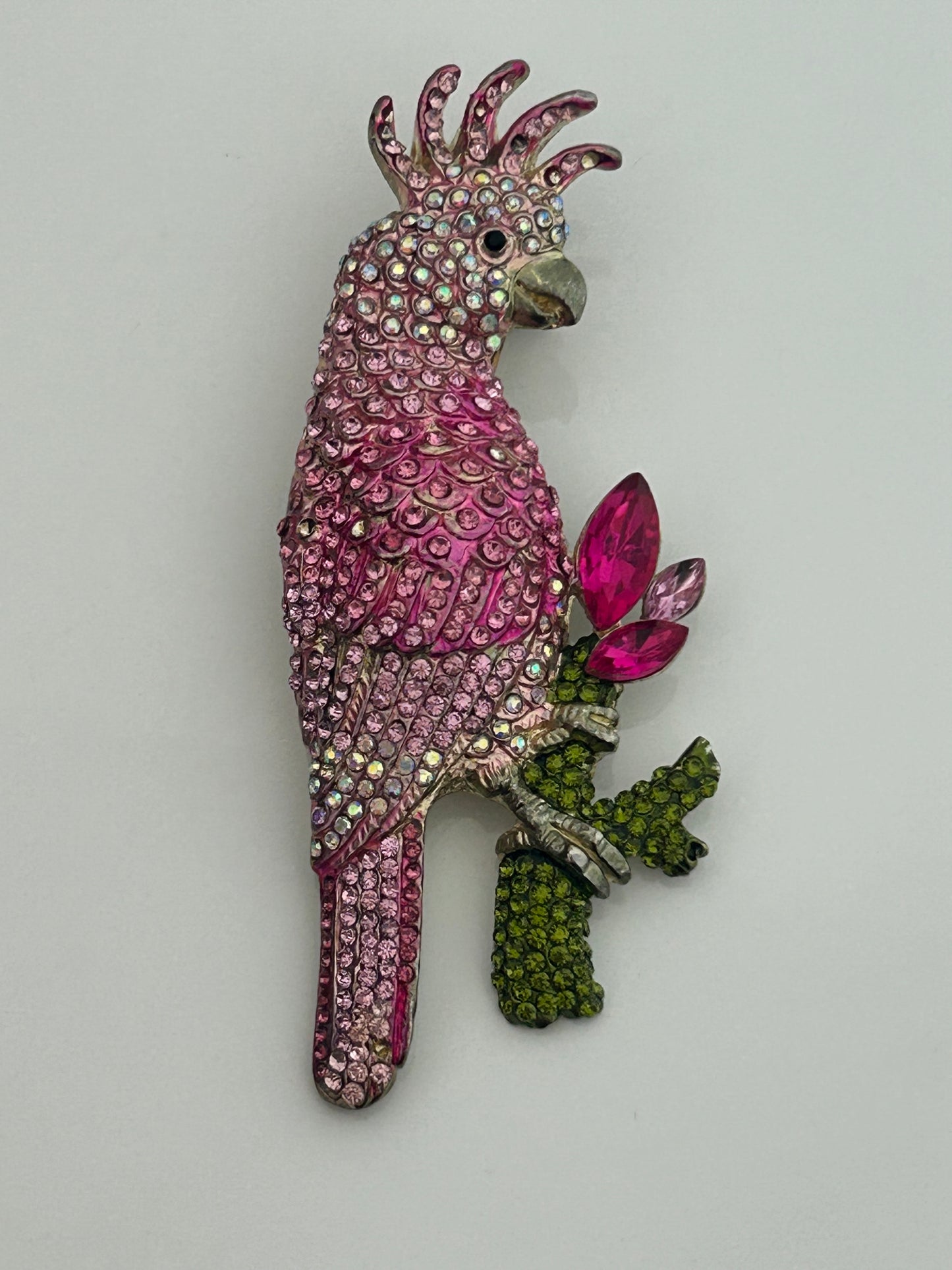Vintage 1980s Large Pink Tones Diamante Rhinestone Set Parrot Brooch