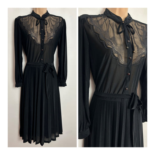 Vintage 1980s GARBO UK Size 12-14 Black Embroidered Semi Sheer Applique Detail Belted Pleated Day Dress