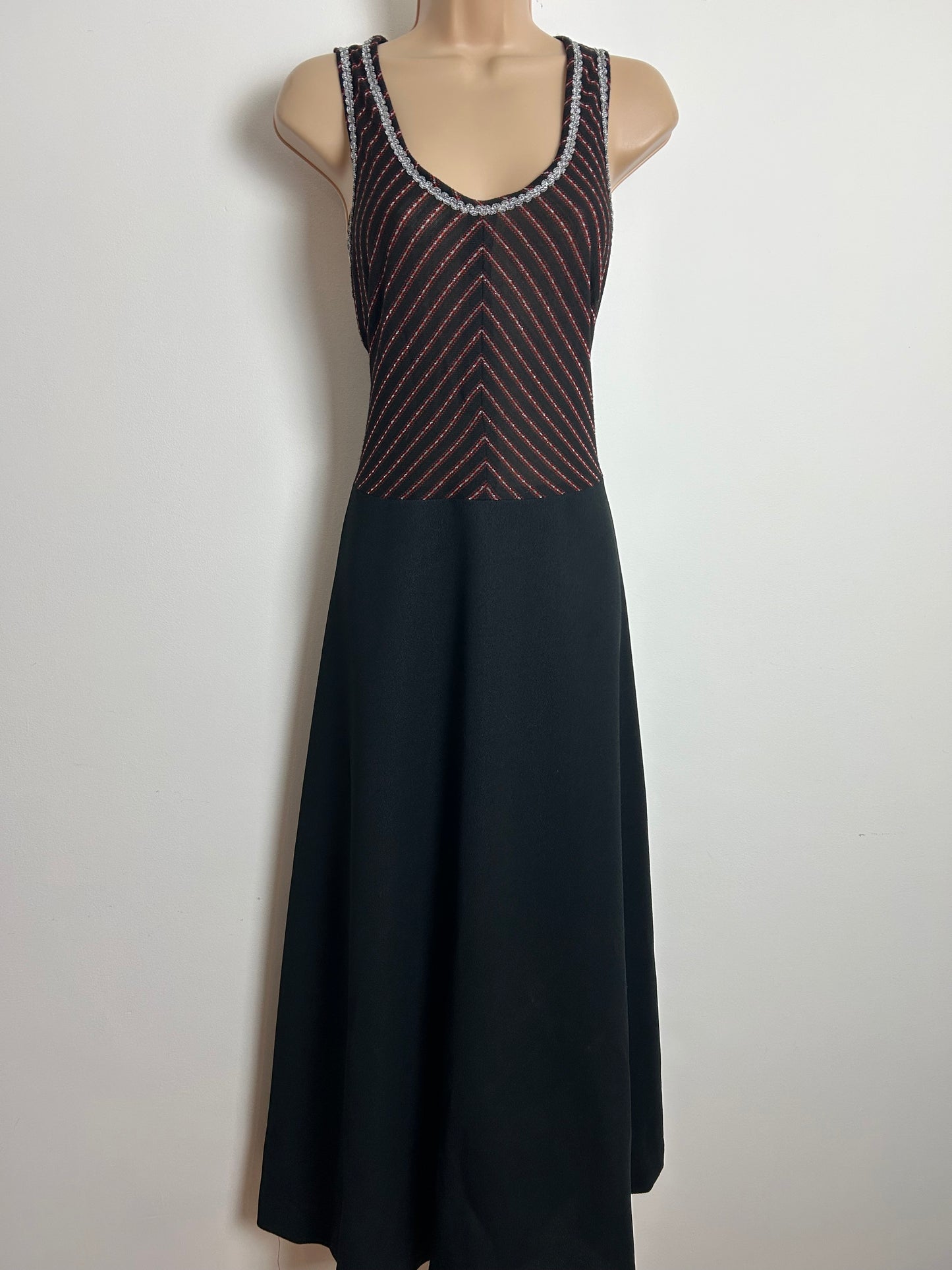 Vintage 1970s Size 14 Black Red & Silver Stripe Braid Trim Evening Party Maxi Dress