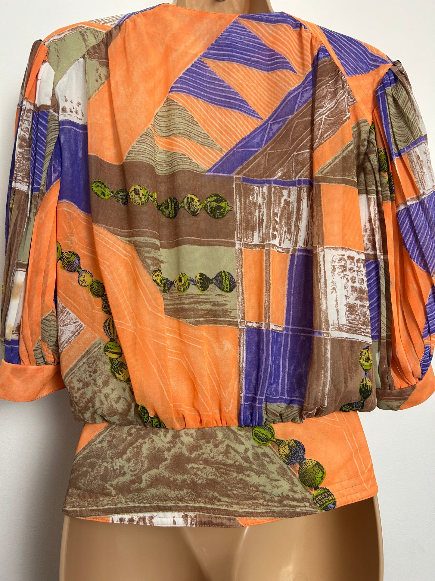 Vintage 1980s HARDOB Size 12-14 Orange Purple & Green Abstract Print Pleated Sleeve Oversized Blouse