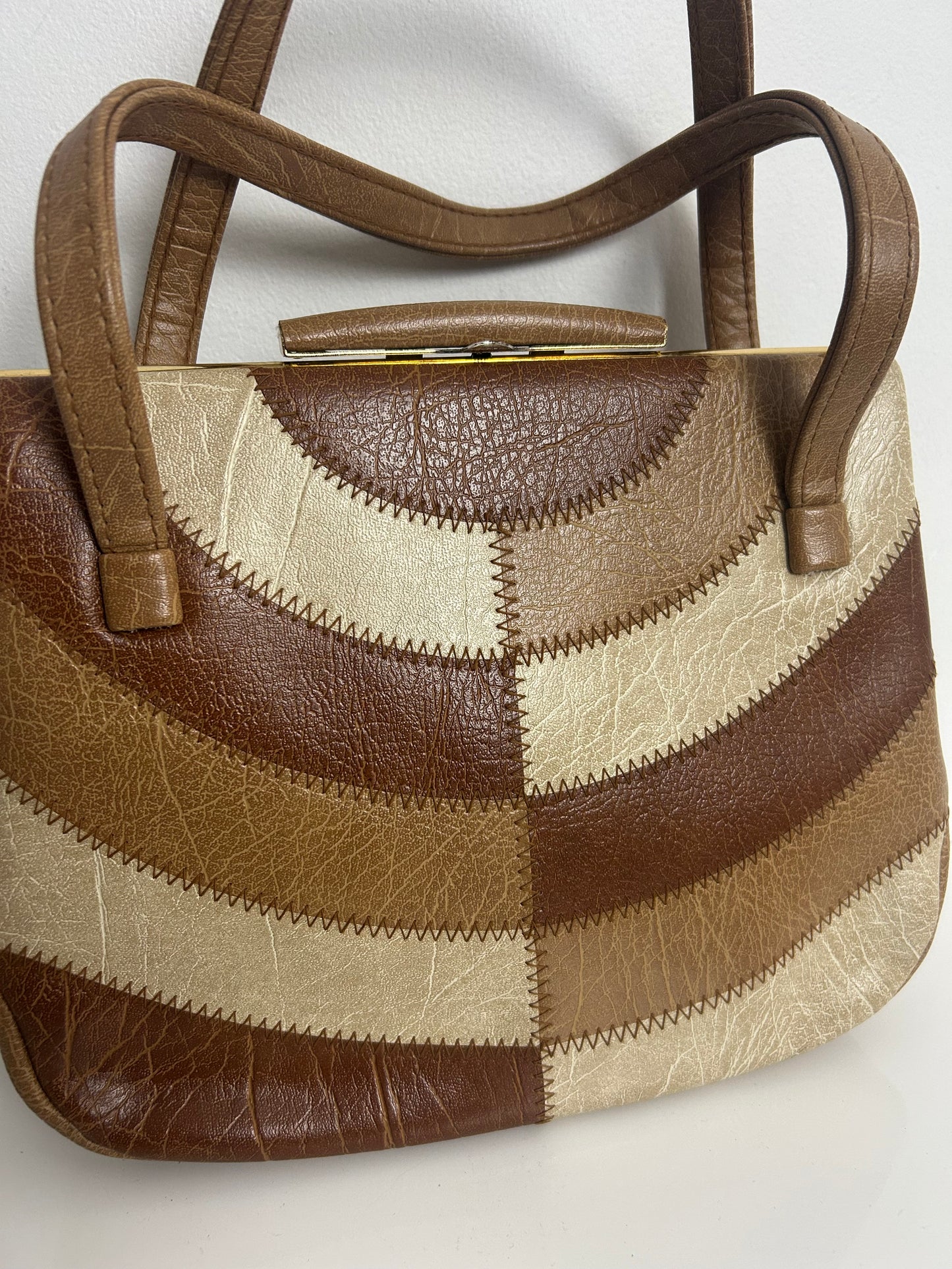Vintage 1960s WEYMOUTH AMERICA Tan Brown & Beige Faux Leather Patchwork Panels Handbag