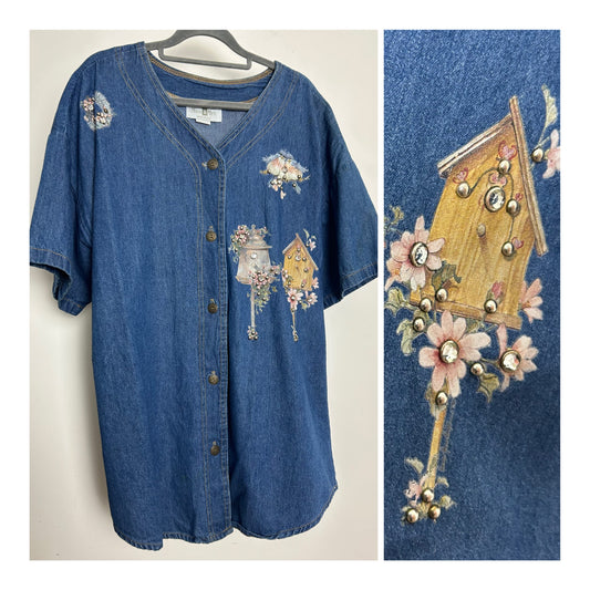 Vintage 1980s Size 16 Denim Collarless Shirt With Bird House & Bird Pattern With Studs