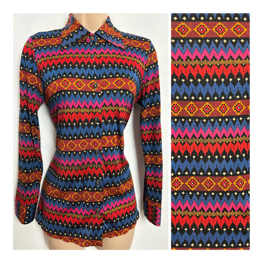 Vintage 1970s Size 8-10 Blue Red & Pink Abstract Print Long Sleeve Shirt