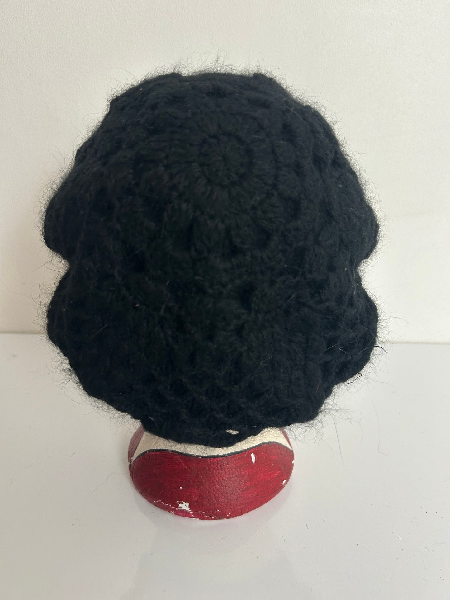 Vintage Black Crochet Wool & Angora Mix Beret Hat