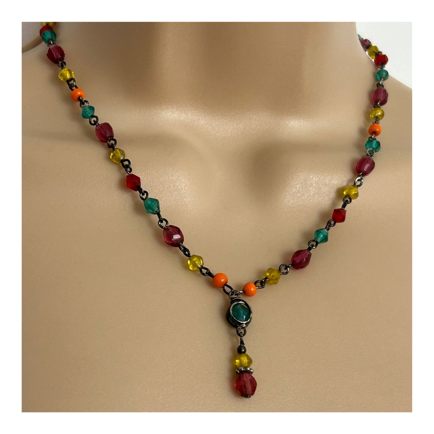 Vintage Multicolour Glass Stone Set Droplet Necklace