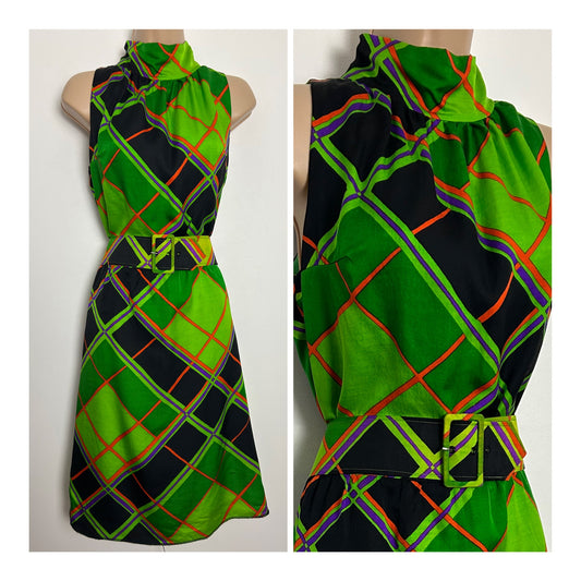 Vintage 1960s Size 10 Green Black Orange & Purple Diamond Check Print Sleeveless Belted Mod Dress