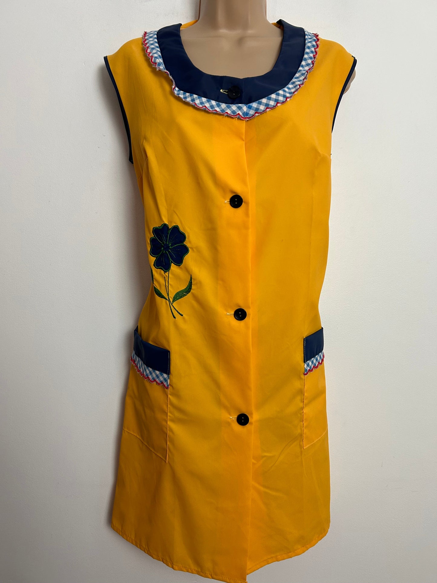 Vintage 1960s Up To Size 12 Mustard Yellow & Navy Blue Floral Applique Apron Dress House Dress