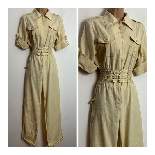 Vintage Early 1980s UK Size 10 C&A Cream Cotton Shirt Style Shirred Waist Jumpsuit