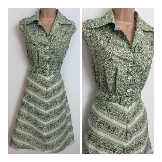 Vintage 1970s BERKERTEX Size 16 Green & Cream Floral Print Cotton Belted Day Dress