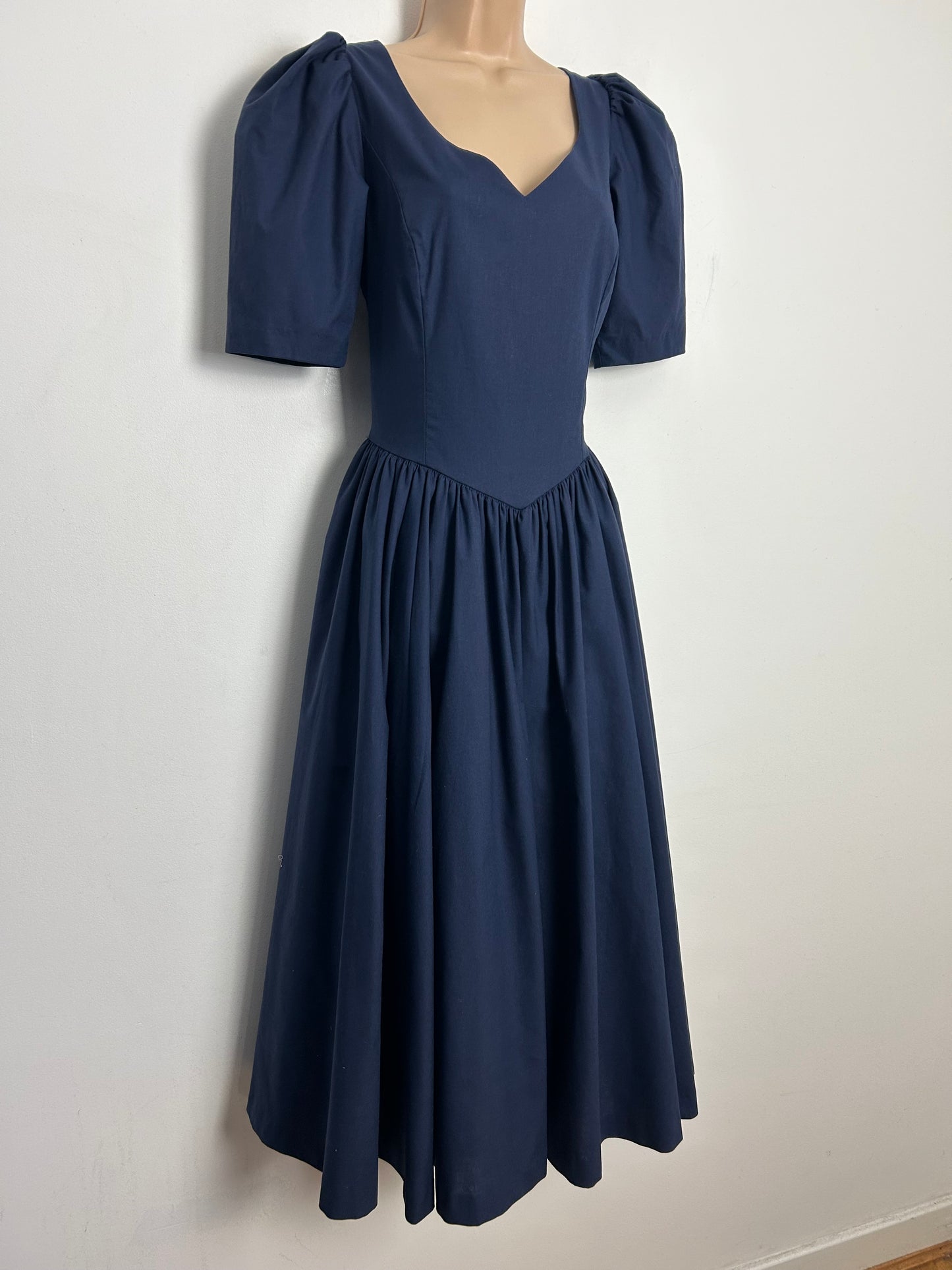 Vintage 1980s LAURA ASHLEY UK Size 8 (UK Size 14 On Label) Navy Blue Cross Over Open Back Bow Detail Midi Length Gown