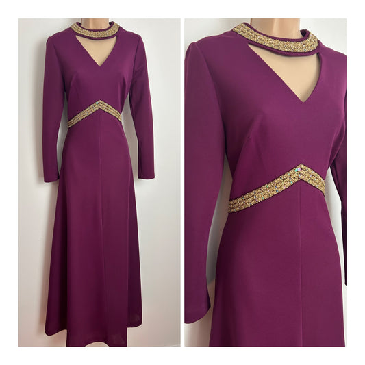 Vintage 1970s LEYGIL Size 8 Plum Purple Key Hole Choker Neck Gold Braid Trim Detail Occasion Maxi Dress