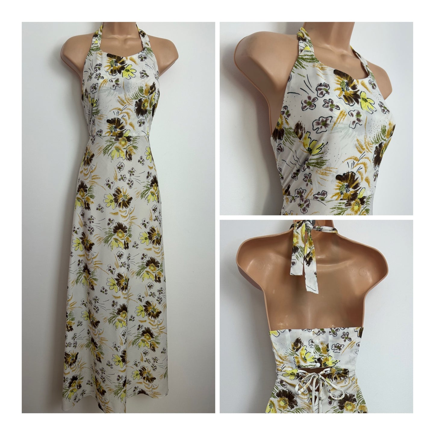 Vintage 1970s 10 White Brown & Yellow Floral Print Halter Neck Button & Lace Up Detail Maxi Dress
