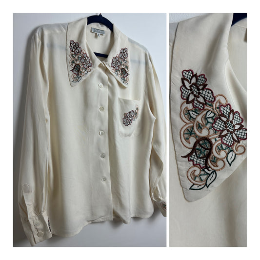 Vintage 1980s ELEGANCE PARIS Size 12 Cream 100% Silk Embroidered Detail Long Sleeve Blouse