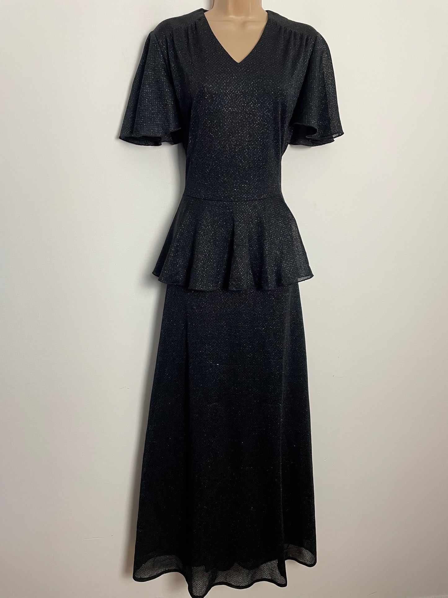 Vintage 1970s UK Size 14 Black Lurex Peplum Occasion Evening Maxi Dress