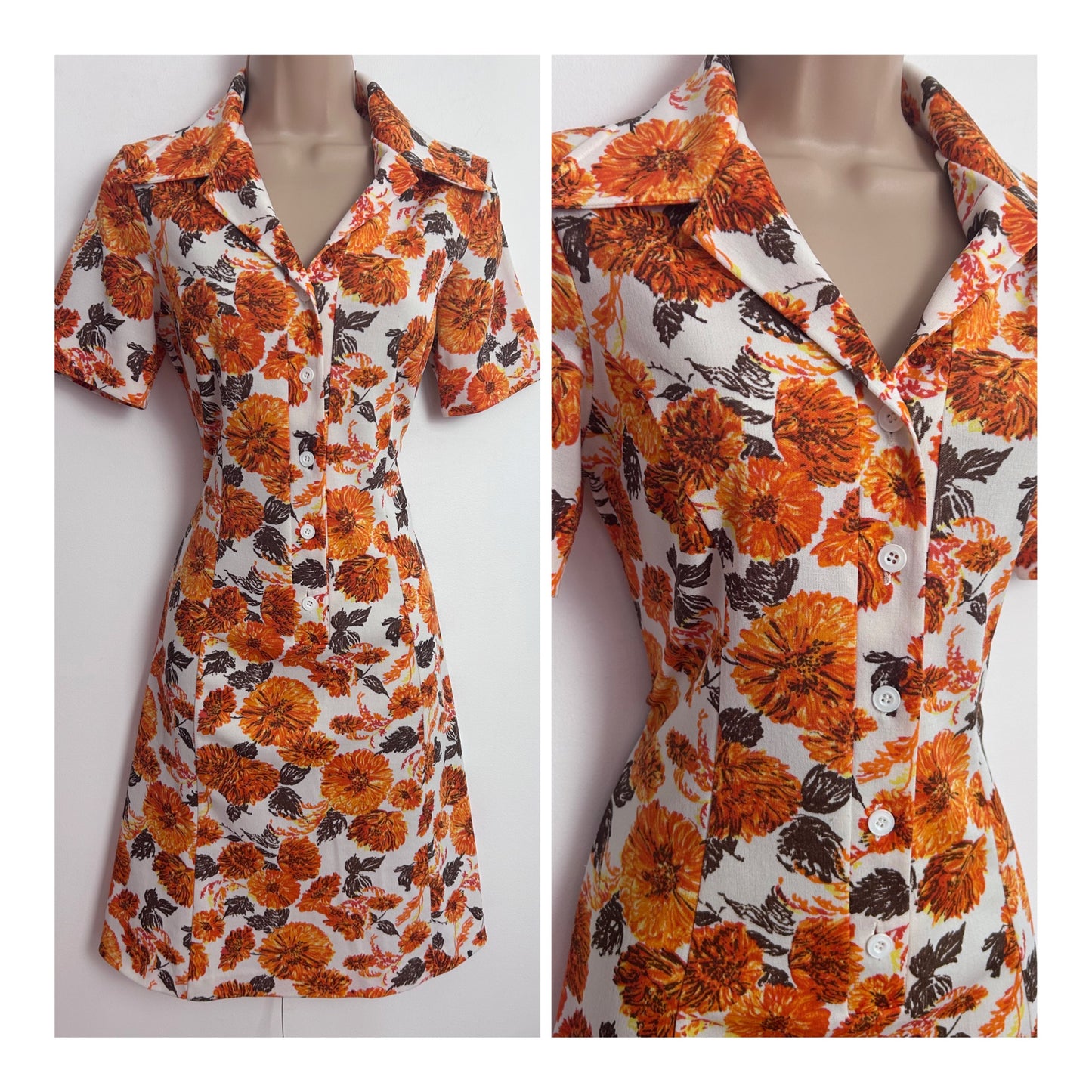 Vintage 1960s UK Size 10-12 White Orange & Brown Floral Print Short Sleeve Mod Shift Dress