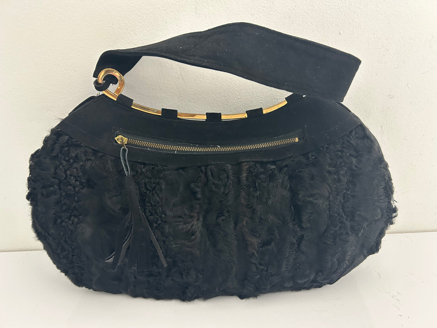 Vintage 1940s Black Persian Lamb & Suede Muff Handwarmer Handbag