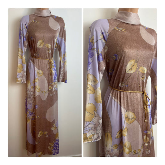 Vintage 1970s Size 12-14 Mocha Brown Lilac & Beige Floral Print Long Sleeve Belted Maxi Dress