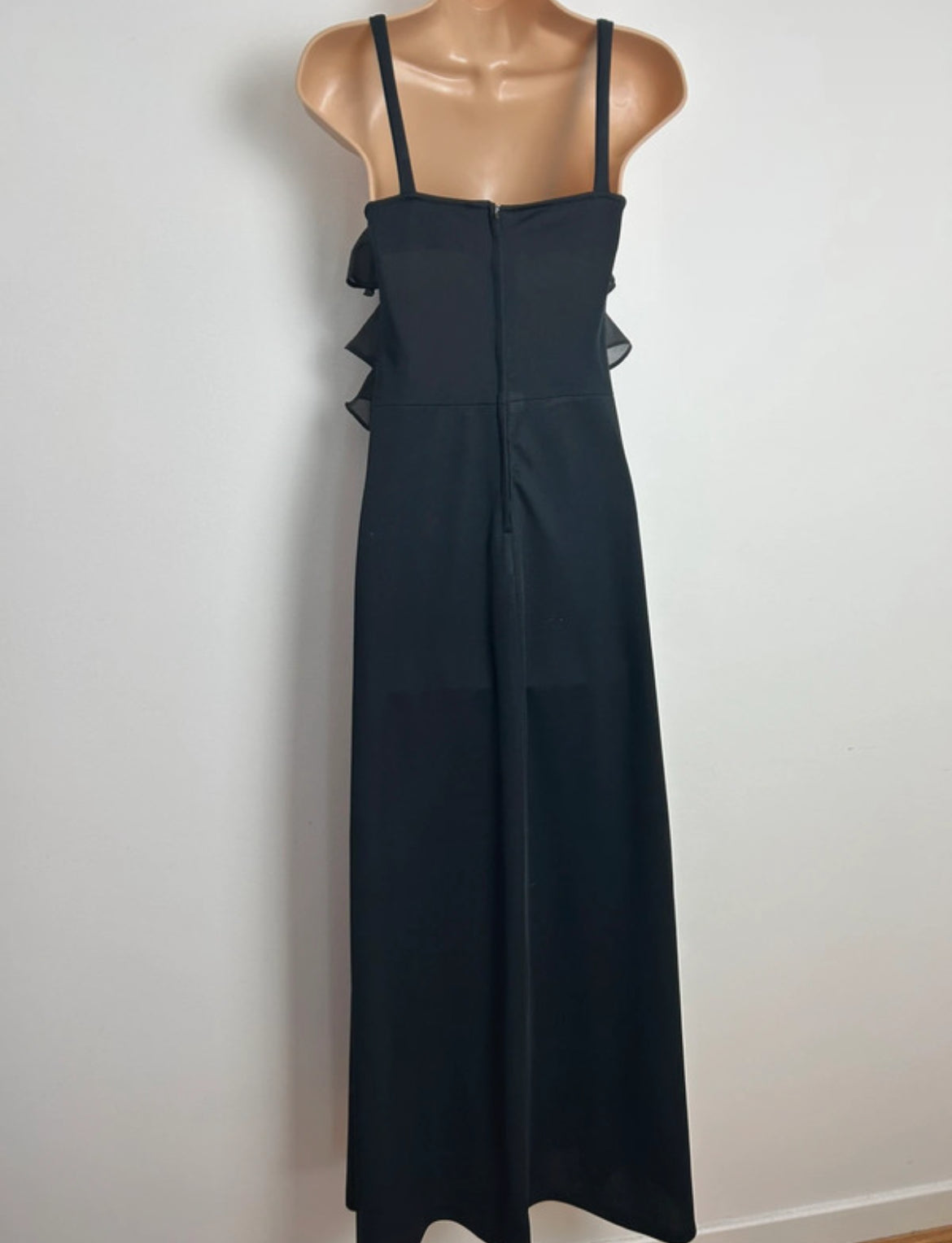 Vintage 1970s Size 4-6 Lovely Black Strappy Ruffle Layered Maxi Dress