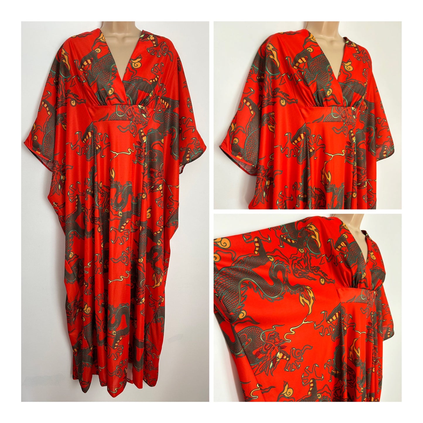 Vintage 1980s One Size Gorgeous Red Dragon Print Wide Sleeve Kaftan Maxi Dress