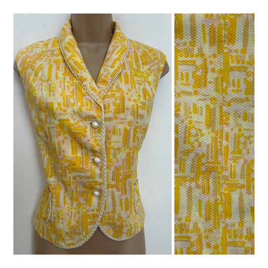 Vintage 1960s Size 10 Orange Yellow Tones Abstract Print Waffle Cotton Sleeveless Pocket Detail Top