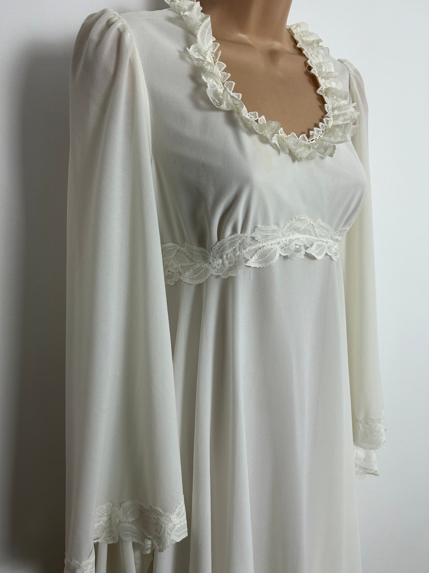 Vintage 1970s MARMENTS OF CARDIFF Size 6 White Lace Trim Ethereal Layered Trumpet Sleeve Boho Maxi Dress