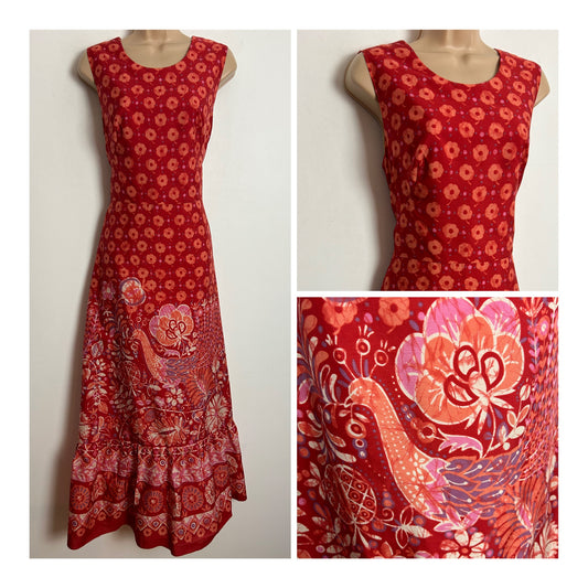 Vintage 1970s VERA MONT PARIS UK Size 10 Orangey Red & Coral Floral & Bird Print Sleeveless Maxi Dress
