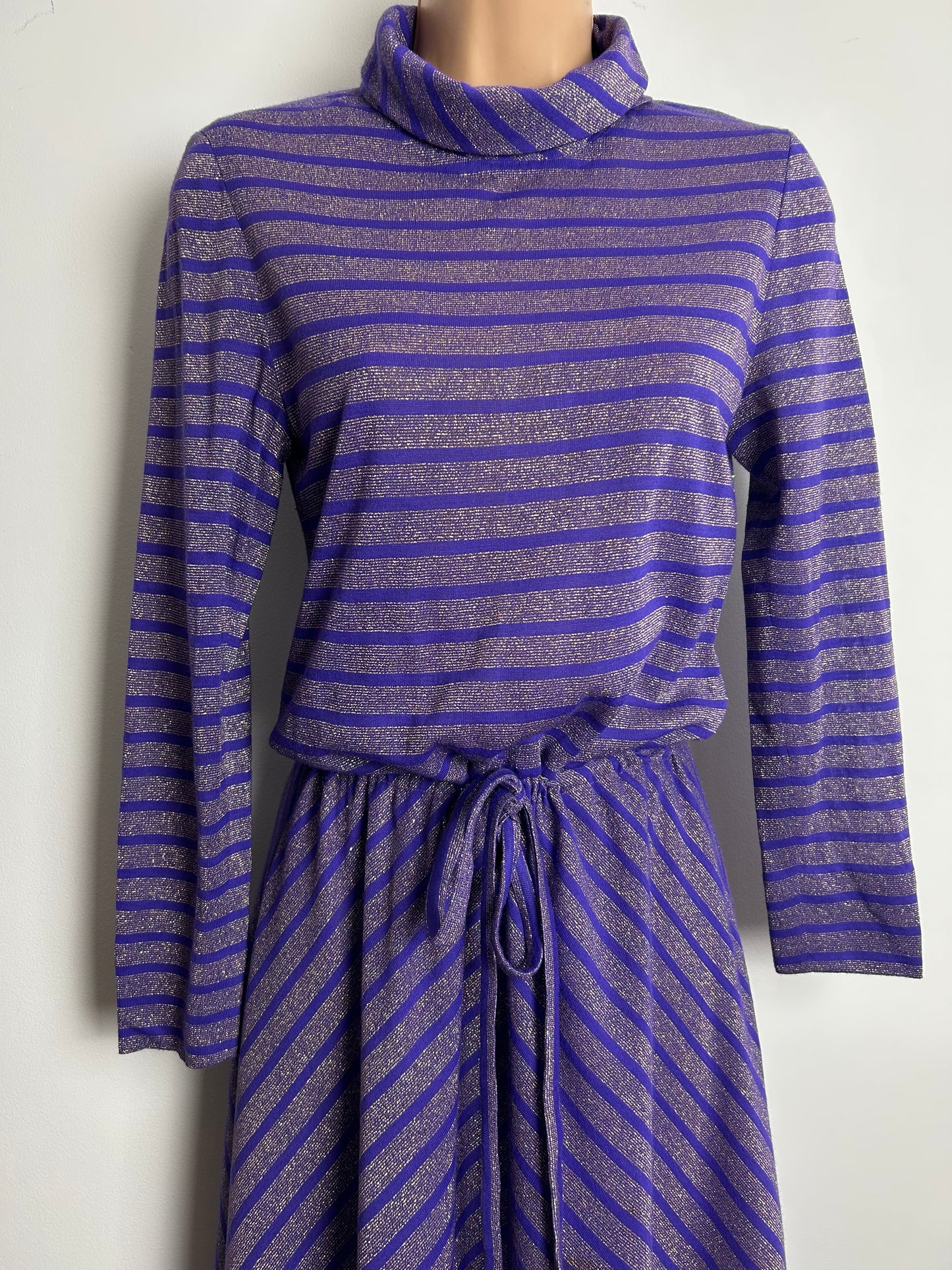 Vintage 1970s Size 8 Purple & Metallic Gold Lurex Stripe Print Long Sleeve Belted Maxi Dress