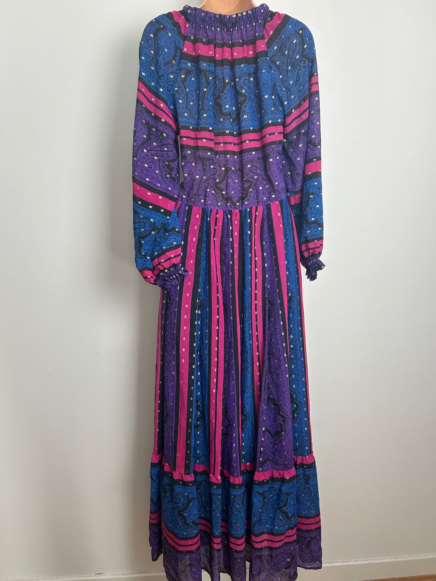 Vintage 1970s PEGGY LANE Size 10 Blue Purple Pink & Gold Stripe Lurex Occasion Dress