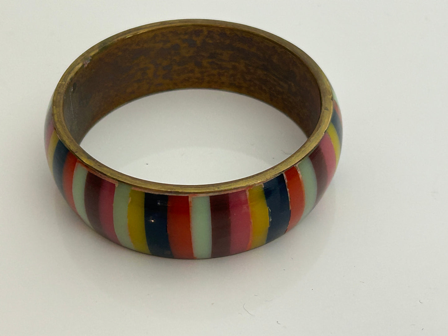 Vintage 1980s Gorgeous Brass Bangle With Multicolour Stripe Pattern