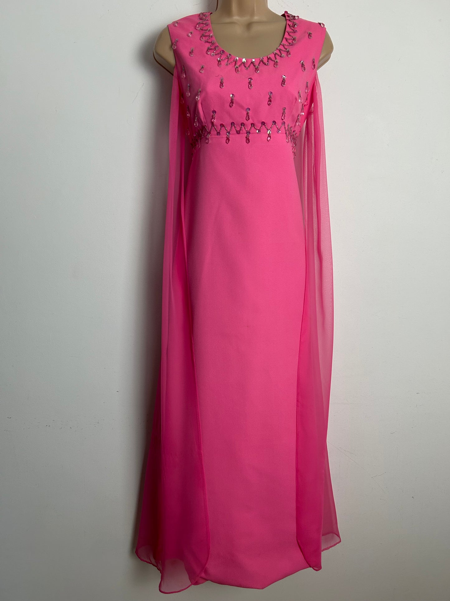 Vintage 1960s Size 8-10 Candy Pink Sequin & Droplet Bead Embellished Cape Layer Occasion Maxi Dress