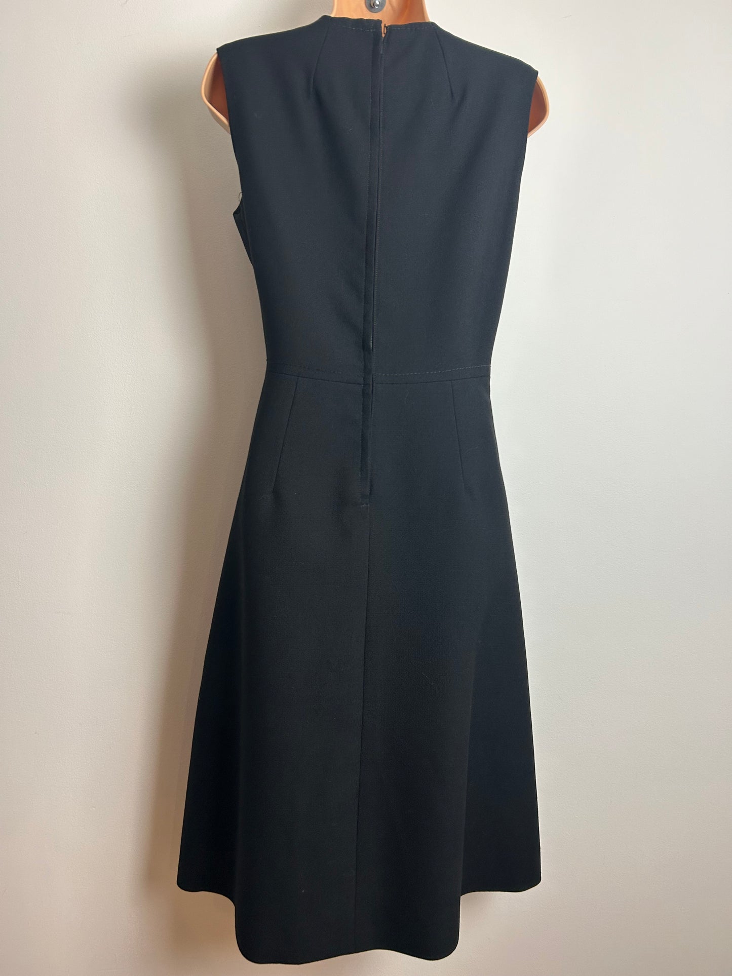 Vintage 1960s Size 10-12 Black Stripe & Check Print Detail Sleeveless Wool Mix Mod Dress