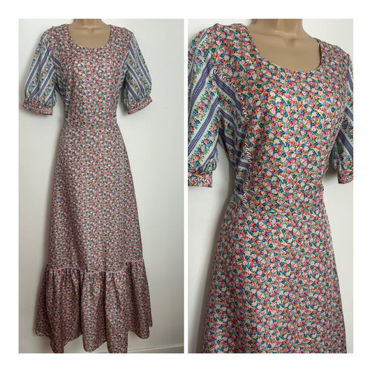 Vintage 1970s Size 10-12 Pretty White Pink & Blue Ditsy Floral & Stripe Print Braid Trim Prairie Boho Maxi Dress