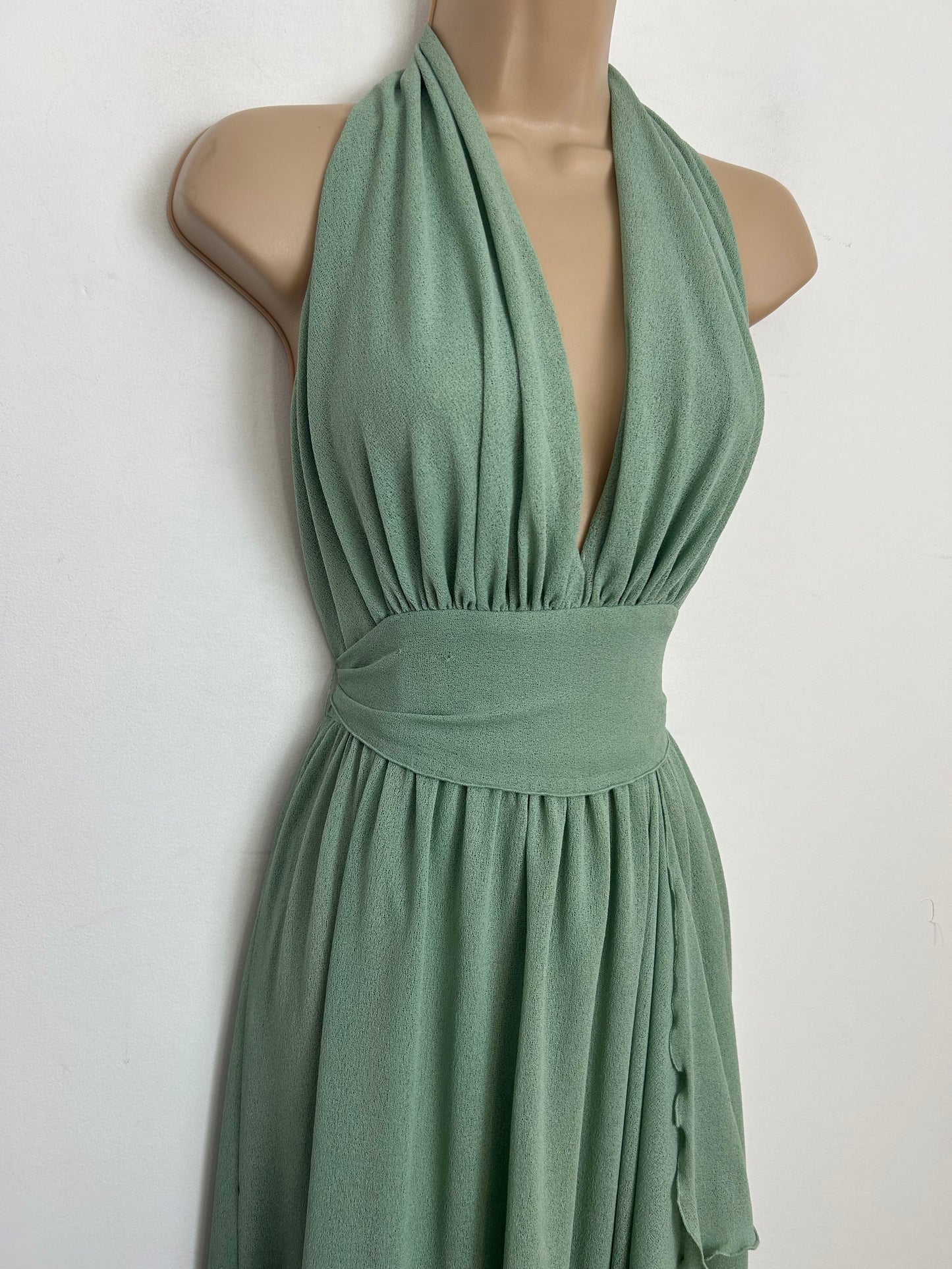 Vintage 1970s Size 10 PETER BARRON Sage Green Halterneck Wrap Skirt Maxi Dress