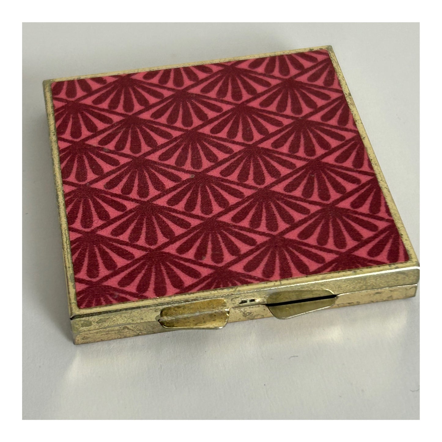 Vintage Silver Tone Base Metal Pink Deco Pattern Square Compact Mirror