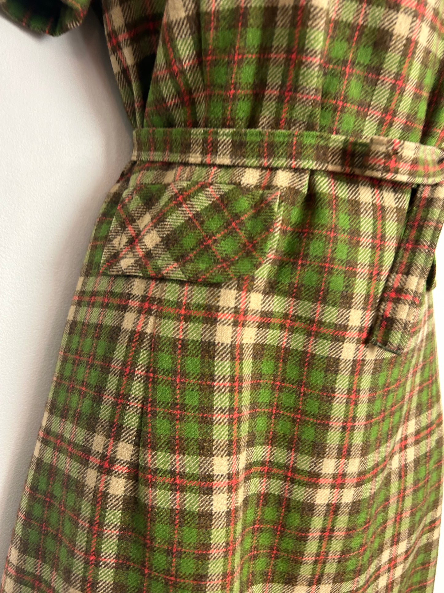 Vintage Early 1960s PENDLETON USA UK Size 14 Green Tartan Check 100% Virgin Wool Short Sleeve Belted Day Dress