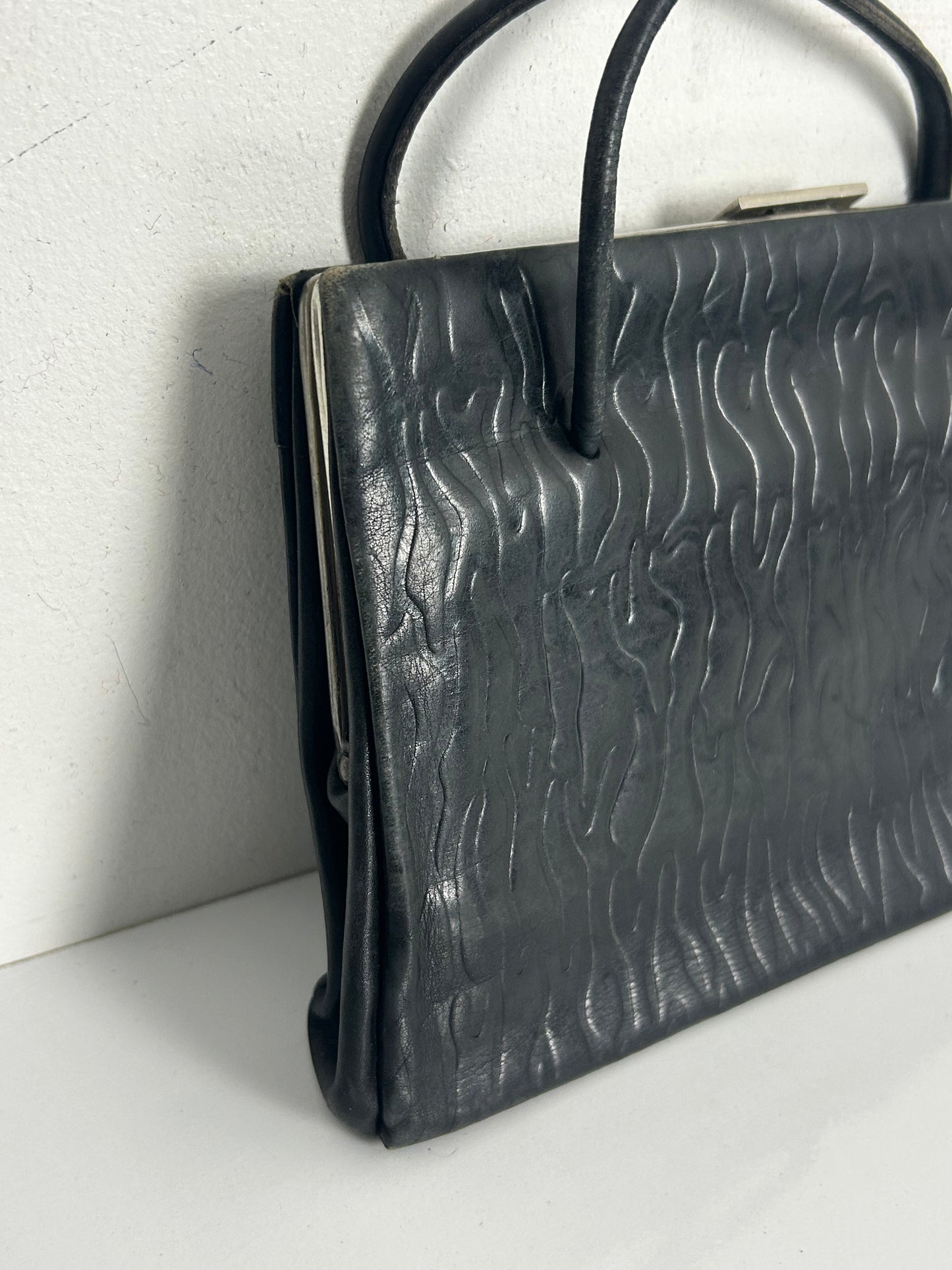 Vintage Early 1950s Small Black Embossed Kelly Style Handbag
