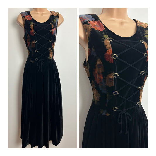 Vintage 1980s LINZNER Size 8 Black Velvet Floral Print Lace Up Bodice German Folk Trachten Midi Dress