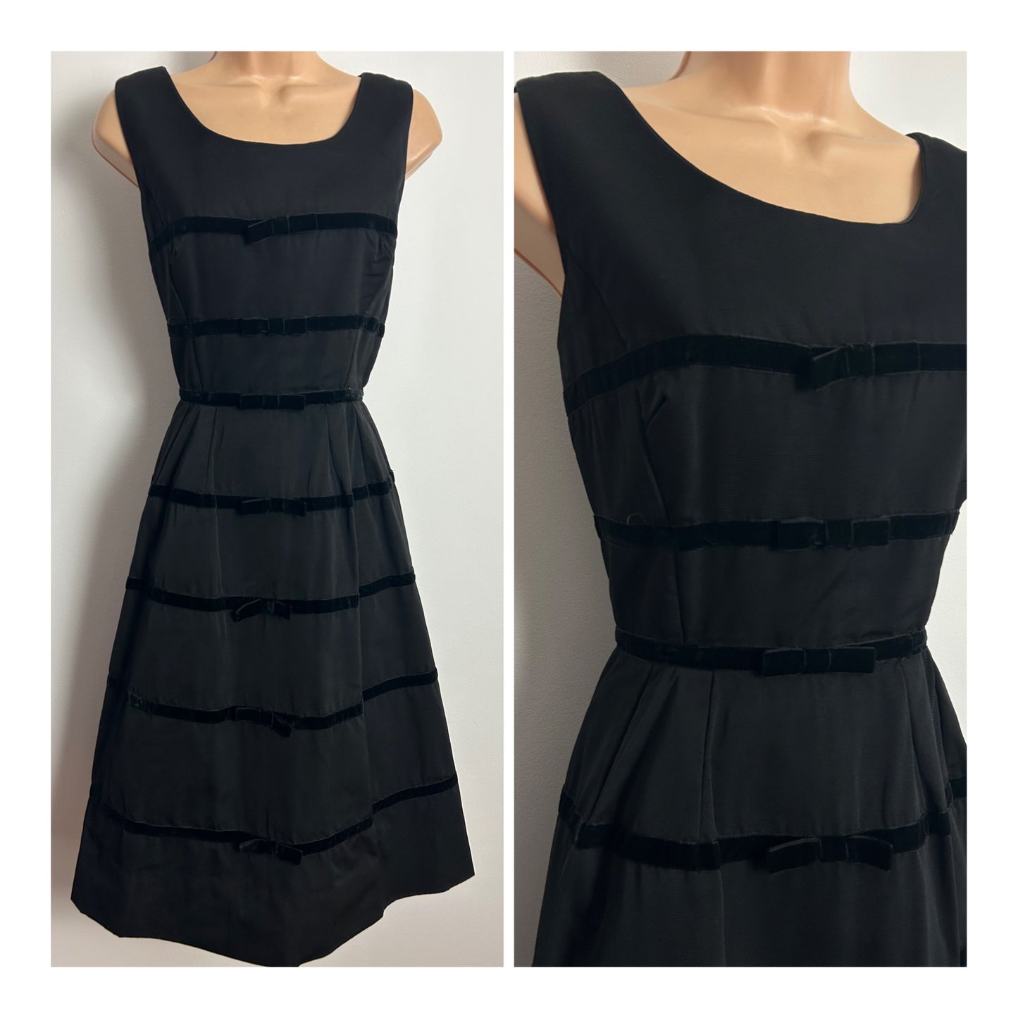 Vintage Late 1950s Early 1960s Size 8 Black Gaberdine Velvet Trim Bow Detail Occasion Dress